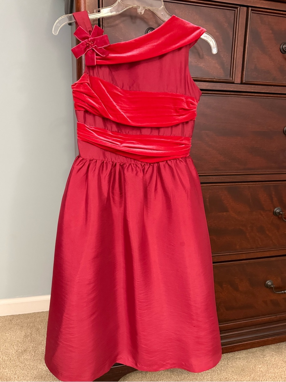 American Girl Red One-Shoulder Satin Bow Party Dress